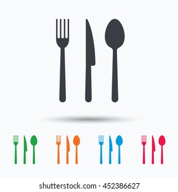 Fork, knife and spoon icons. Cutlery symbol. Colored flat web icon on white background. Vector