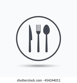 Fork, knife and spoon icons. Cutlery symbol. Circle button with flat web icon on white background. Vector