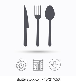 Fork, knife and spoon icons. Cutlery symbol. Stopwatch, chart graph and download arrow. Linear icons on white background. Vector