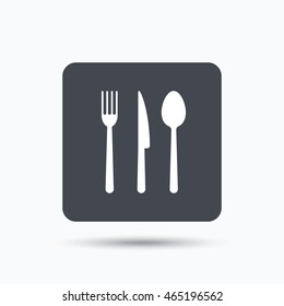 Fork, knife and spoon icons. Cutlery symbol. Gray square button with flat web icon. Vector