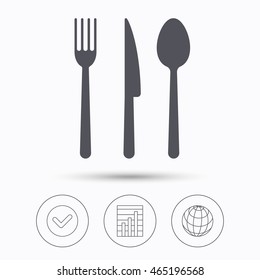 Fork, knife and spoon icons. Cutlery symbol. Check tick, graph chart and internet globe. Linear icons on white background. Vector