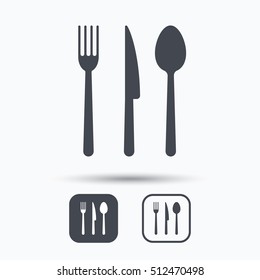 Fork, knife and spoon icons. Cutlery symbol. Square buttons with flat web icon on white background. Vector