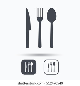 Fork, knife and spoon icons. Cutlery symbol. Square buttons with flat web icon on white background. Vector