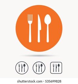 Fork, knife and spoon icons. Cutlery symbol. Orange circle button with web icon. Star and square design. Vector