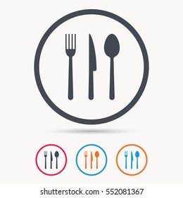 Fork, knife and spoon icons. Cutlery symbol. Colored circle buttons with flat web icon. Vector