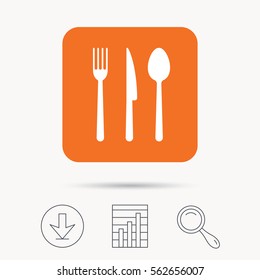 Fork, knife and spoon icons. Cutlery symbol. Report chart, download and magnifier search signs. Orange square button with web icon. Vector