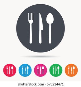 Fork, knife and spoon icons. Cutlery symbol. Colored circle buttons with flat web icon. Vector