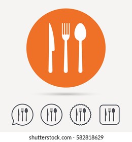 Fork, knife and spoon icons. Cutlery symbol. Circle, speech bubble and star buttons. Flat web icons. Vector