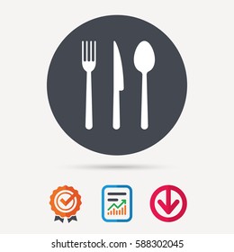 Fork, knife and spoon icons. Cutlery symbol. Report document, award medal with tick and new tag signs. Colored flat web icons. Vector