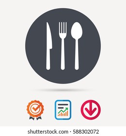 Fork, knife and spoon icons. Cutlery symbol. Report document, award medal with tick and new tag signs. Colored flat web icons. Vector