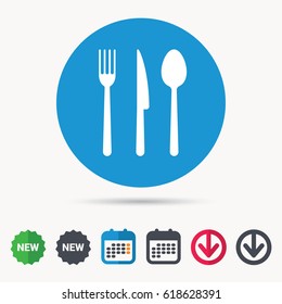 Fork, knife and spoon icons. Cutlery symbol. Calendar, download arrow and new tag signs. Colored flat web icons. Vector