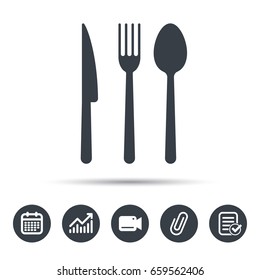 Fork, knife and spoon icons. Cutlery symbol. Calendar, chart and checklist signs. Video camera and attach clip web icons. Vector