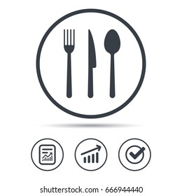 Fork, knife and spoon icons. Cutlery symbol. Report document, Graph chart and Check signs. Circle web buttons. Vector