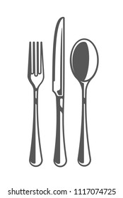 Fork, knife and spoon isolated on white background. Symbol for cooking design logo and emblem. Vector illustration