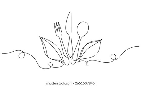 Fork, knife, and spoon with leaf in continuous one line drawing. Minimalist vector illustration of healthy eating, vegan or organic food concept. Isolated on white background.