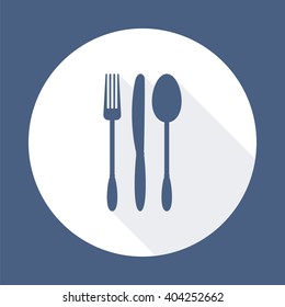 Fork, knife and spoon  with long shadow. Dining etiquette. Foods Service icon. Menu card. Simple flat vector illustration, EPS 10.