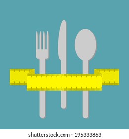 Fork knife and spoon with measuring tape ribbon. Menu cover in flat design style. Vector illustration