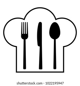 Fork, knife and spoon on a background of a headdress of the cook. Vector illustration