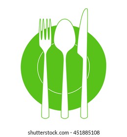 Fork, knife and spoon on a plate. Minimalistic icon. Symbol of cutlery. Vector illustration