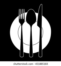 Fork, knife and spoon on a plate. Minimalistic icon. Symbol of cutlery. Vector illustration