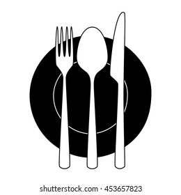 Fork, knife and spoon on a plate. Minimalistic icon. Symbol of cutlery. Vector illustration