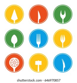 Fork, knife, spoon and other cutlery icon set in flat style. Vector illustration