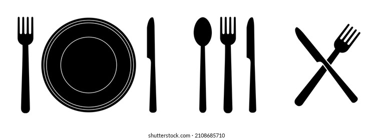 Iconos negros de horquilla, cuchillo, cuchara y placa para aplicaciones y sitios web. La vajilla fija un estilo plano. Vector de colección de servicio de cena aislado en fondo blanco. Menú de logotipo.