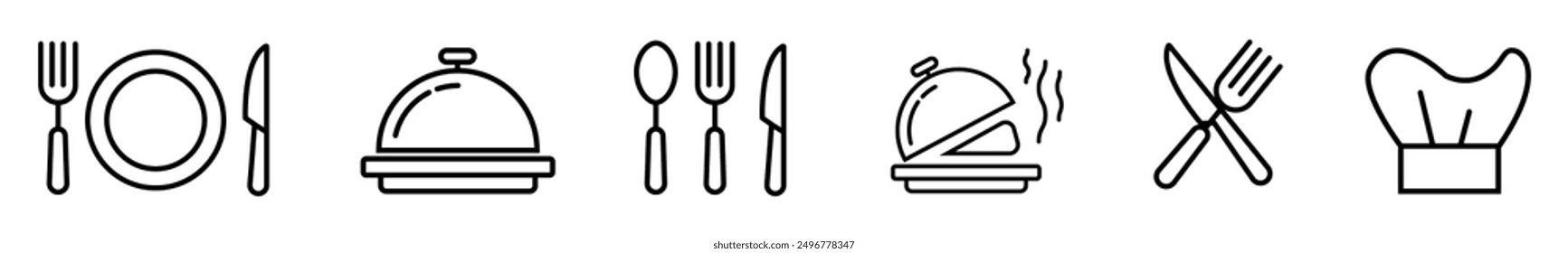 Tenedor, cuchillo, cuchara, plato de chef sombrero y bandeja o cloche icono conjunto. Silueta de iconos de cubiertos aislados sobre fondo transparente.