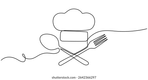 Garfo, faca, colher com placa e chapéu do chef desenho contínuo de uma linha, Um desenho de linha única de chapéu do chef ou tampa com garfo e colher para ilustração gráfica do vetor do restaurante. Elegante crachá de café