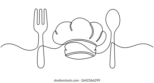 Garfo, faca, colher com placa e chapéu do chef desenho contínuo de uma linha, Um desenho de linha única de chapéu do chef ou tampa com garfo e colher para ilustração gráfica do vetor do restaurante. Elegante crachá de café