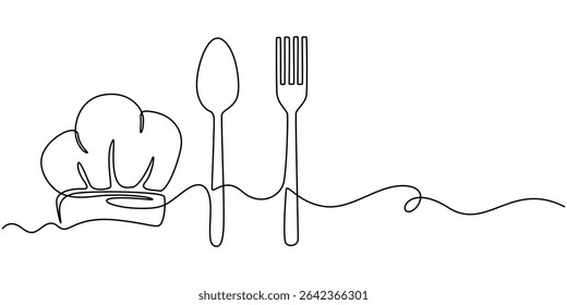 Garfo, faca, colher com placa e chapéu do chef desenho contínuo de uma linha, Um desenho de linha única de chapéu do chef ou tampa com garfo e colher para ilustração gráfica do vetor do restaurante. Elegante crachá de café