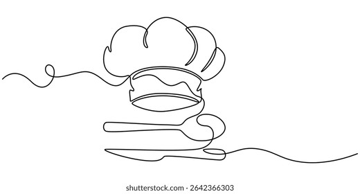 Garfo, faca, colher com placa e chapéu do chef desenho contínuo de uma linha, Um desenho de linha única de chapéu do chef ou tampa com garfo e colher para ilustração gráfica do vetor do restaurante. Elegante crachá de café