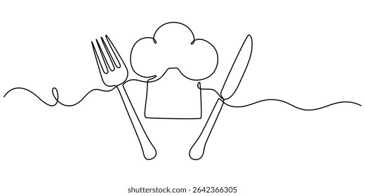 Garfo, faca, colher com placa e chapéu do chef desenho contínuo de uma linha, Um desenho de linha única de chapéu do chef ou tampa com garfo e colher para ilustração gráfica do vetor do restaurante. Elegante crachá de café
