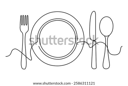Fork, knife, spoon and plate depicted in a minimalist drawing are isolated on a white background with a continuous single line. The cutlery draws attention with its simplicity and elegance.