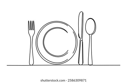 Fork, knife, spoon and plate are designed with a simple drawing style. Made with a single line and the white background clearly emphasizes every detail.