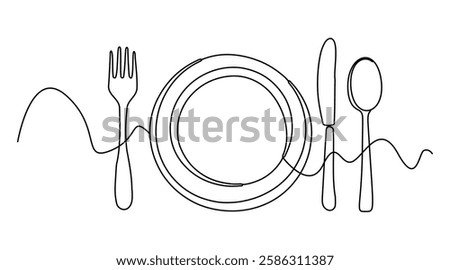 Fork, knife, spoon and plate are drawn in a minimalist style with a continuous single line. On an isolated white background, this cutlery drawing stands out with its simplicity and modern design.