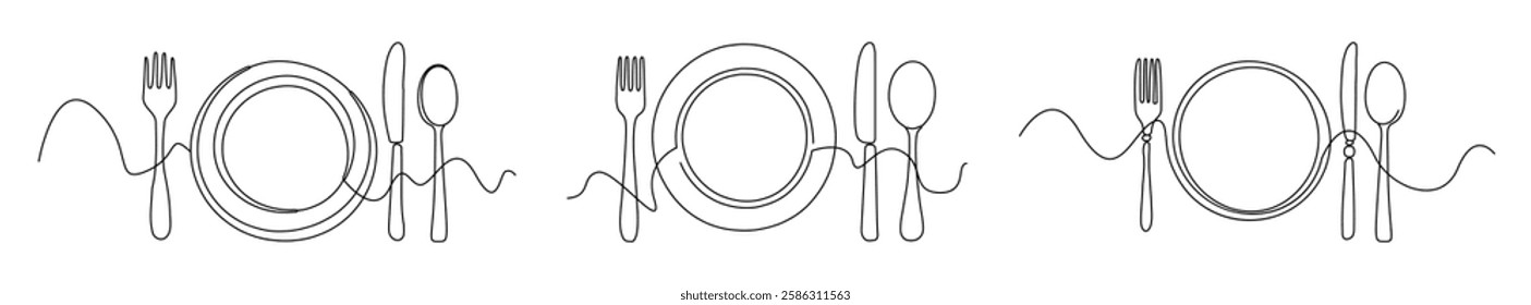 Fork, knife, spoon and plate, each created with a single line. A striking drawing on a white background with a simple minimalist design.