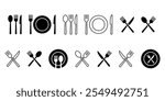 Fork, knife, spoon, and plate icon vector set. Cutlery and crockery sign. Tableware icon. Menu symbol. Restaurant utensil symbol.