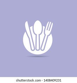 Fork, knife, spoon and plate icon. Restaurant or cafe symbol, Vector illustration