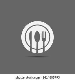 Fork, knife, spoon and plate icon. Restaurant or cafe symbol, Vector illustration