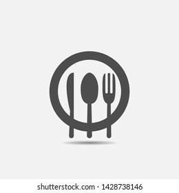 Fork, knife, spoon and plate icon. Restaurant or cafe symbol, Vector illustration