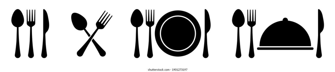 Gabel, Messer, Löffel und Teller Symbol auf weißem Hintergrund. Restaurantsymbole einzeln. Kuschelschwarze Silhouette. Vektorgrafik.