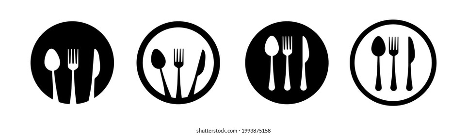 Fork knife  spoon and plate icon set. Restaurant symbols. Cutlery silhouette isolated on white background. Vector illustration.