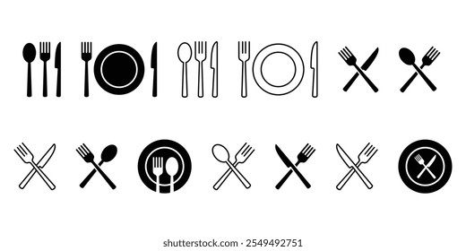 Tenedor, cuchillo, cuchara y placa icono de Vector conjunto. Letrero de cubiertos y vajilla. Icono de vajilla. Símbolo de menú. Símbolo de utensilio de restaurante.