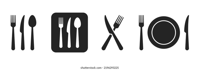 Fork, knife, spoon, plate icons set. Spoon, knife, fork silhouettes icons isolated. Dinner Service set. Vector illustration