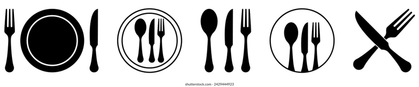 Fork, knife, spoon and plate icons. Dinner service collection. Vector illustration
