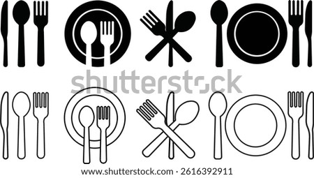 Fork, knife, spoon and plate icons set. Dining essential vectors. Crockery symbols. Tableware instrument. Cutlery flat, outline style for food and restaurant themes isolated on transparent background.