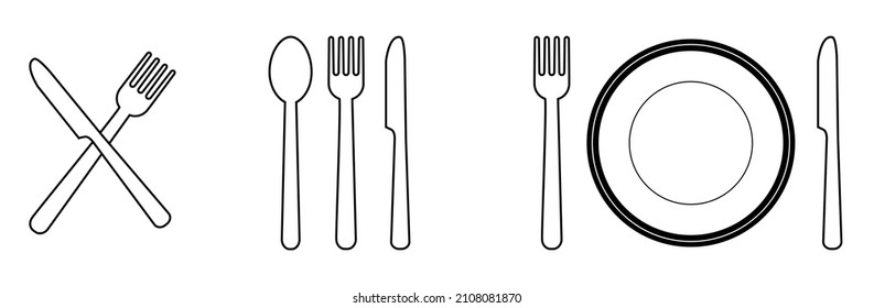 Fork, knife, spoon and plate line icons for apps and websites. Tableware set flat style. Dinner service collection vector set isolated on white background. Logotype menu.