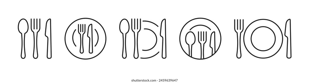 Fork, knife, spoon and plate line icons. Menu logo. Cutlery silhouette. Vector.