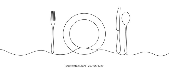 Fork, knife spoon with plate one continuous line . Single line editable cutlery pattern for business cards, banners. Symbol of cafe, restaurant. Vector illustration